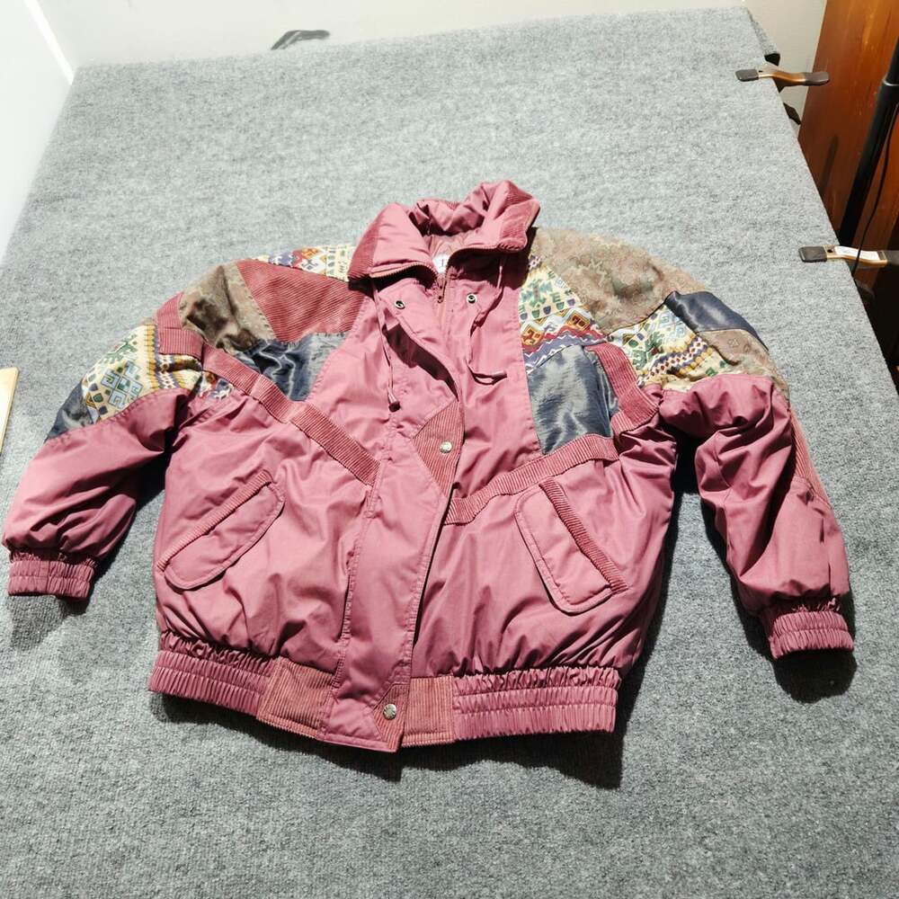 IZZI Vintage Puffer Ski Jacket Size M Mauve Geometric Patchwork SZ Large